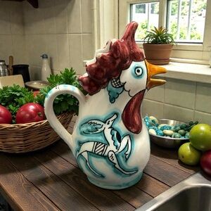 Vintage Italian Handpainted Creamer Vtg 5 1/2"Tx 5"W Rooster